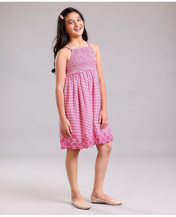 Pine Kids Sleeveless Emb Work Checked Frock - Pink