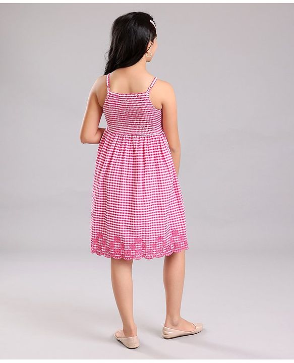 Pine Kids Sleeveless Emb Work Checked Frock - Pink