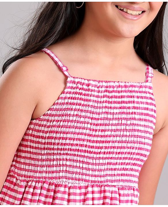 Pine Kids Sleeveless Emb Work Checked Frock - Pink