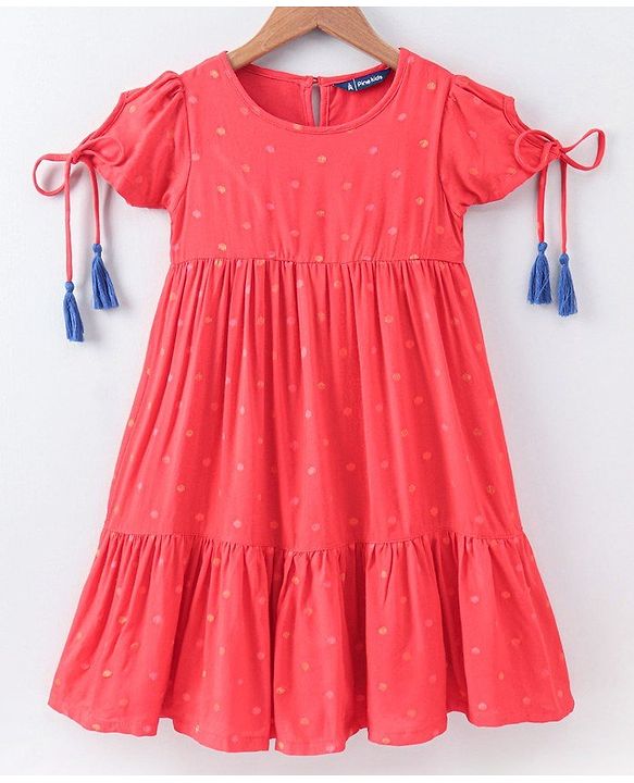 Pine Kids Short Sleeves Biowashed Frock Dots Print - Red