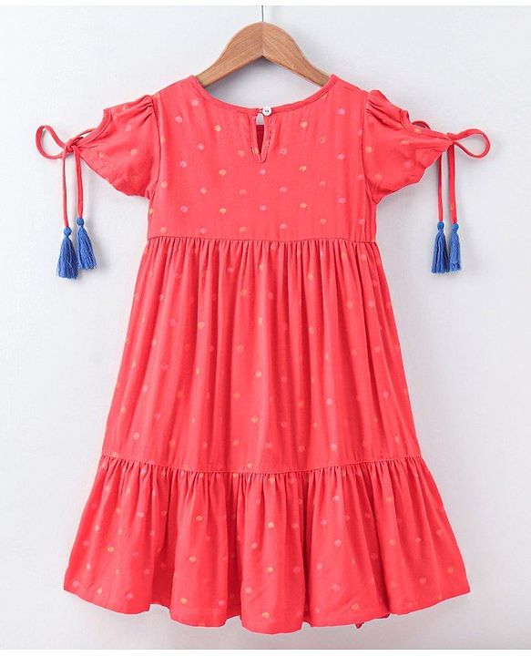 Pine Kids Short Sleeves Biowashed Frock Dots Print - Red