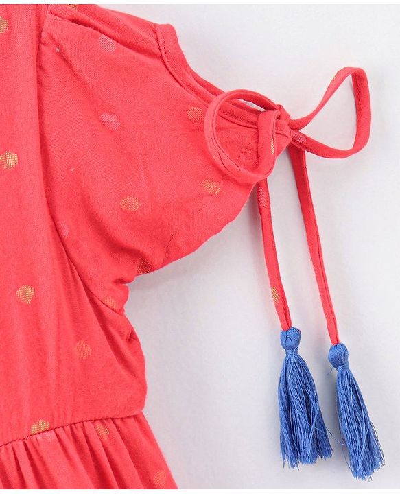 Pine Kids Short Sleeves Biowashed Frock Dots Print - Red