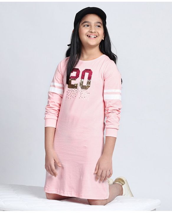 Pine Kids Full Sleeves Frock with Sequin Work - Pink