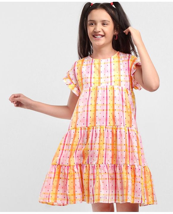 Pine Kids All Over Embroidered Frill Sleeves Frock - Multicolour