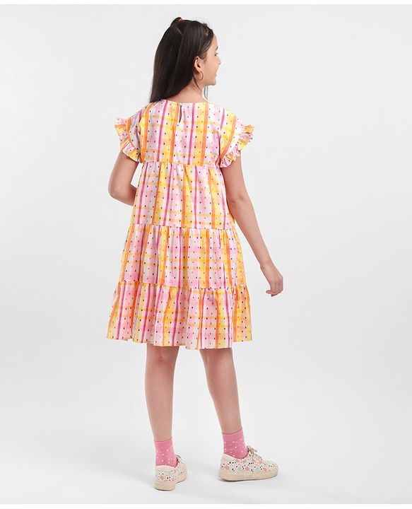 Pine Kids All Over Embroidered Frill Sleeves Frock - Multicolour