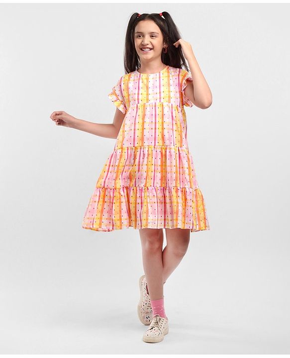 Pine Kids All Over Embroidered Frill Sleeves Frock - Multicolour