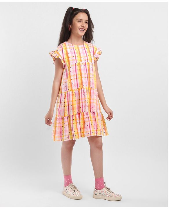 Pine Kids All Over Embroidered Frill Sleeves Frock - Multicolour