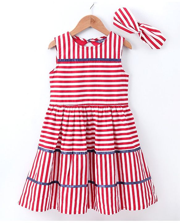 Pine Kids Sleeveless Stripe Biowash Frock With Headband - Red White