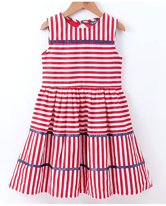 Pine Kids Sleeveless Stripe Biowash Frock With Headband - Red White