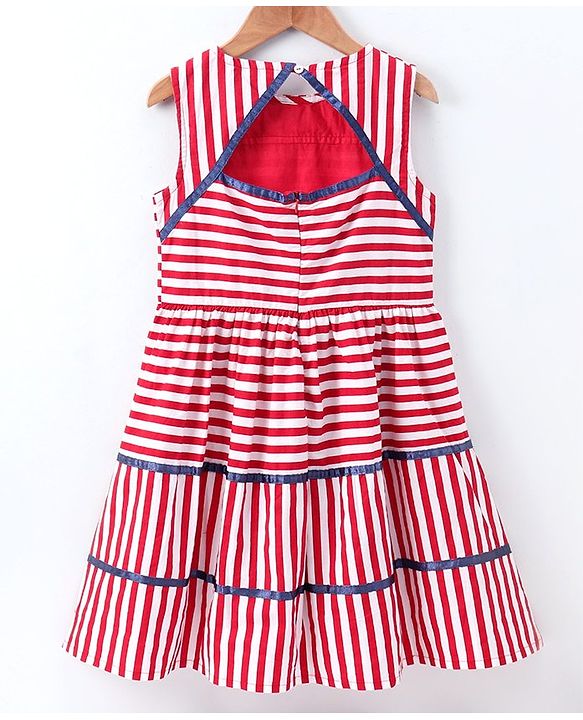 Pine Kids Sleeveless Stripe Biowash Frock With Headband - Red White