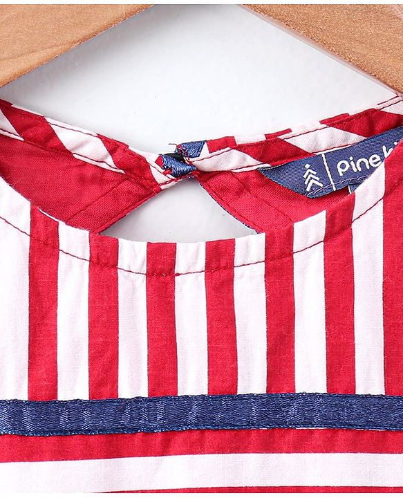 Pine Kids Sleeveless Stripe Biowash Frock With Headband - Red White