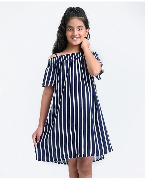 Pine Kids Cold Shoulder Sleeves Striped Rayon Fashion Dress - Navy