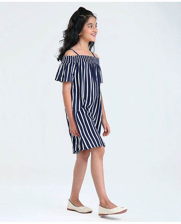 Pine Kids Cold Shoulder Sleeves Striped Rayon Fashion Dress - Navy