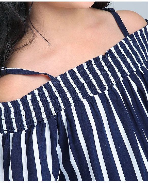 Pine Kids Cold Shoulder Sleeves Striped Rayon Fashion Dress - Navy