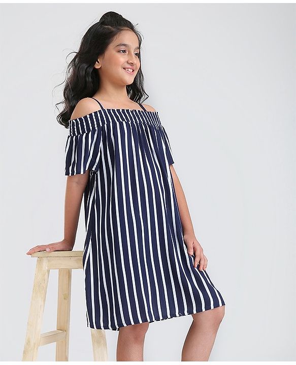 Pine Kids Cold Shoulder Sleeves Striped Rayon Fashion Dress - Navy