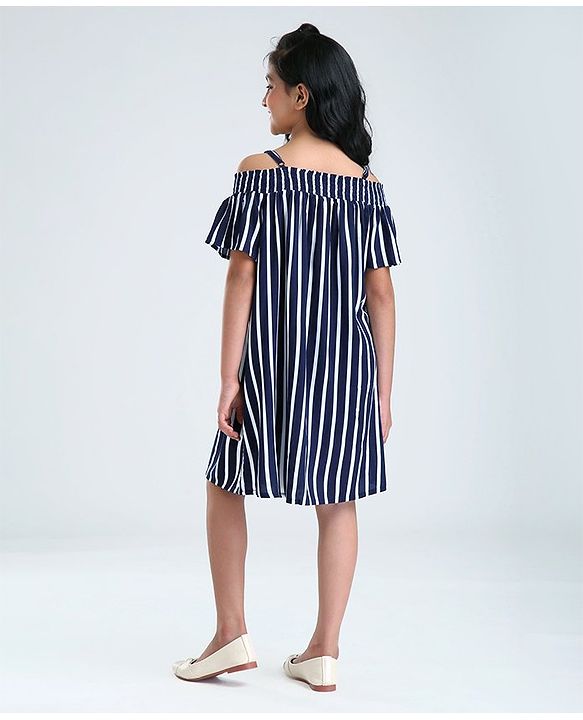 Pine Kids Cold Shoulder Sleeves Striped Rayon Fashion Dress - Navy