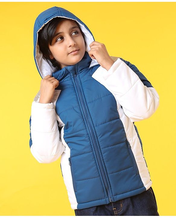 Pine Kids Full Sleeves Padded Hooded Jacket - Blue White