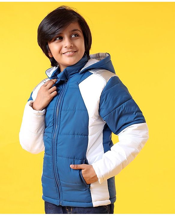 Pine Kids Full Sleeves Padded Hooded Jacket - Blue White