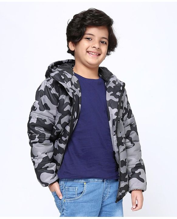 Pine Kids Fulll Sleeves Camouflage Hooded Padded Jacket - Black Grey