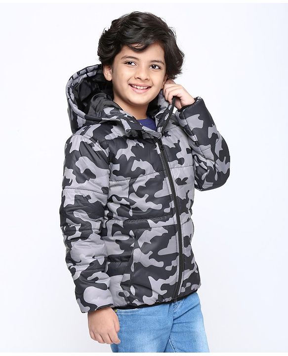 Pine Kids Fulll Sleeves Camouflage Hooded Padded Jacket - Black Grey