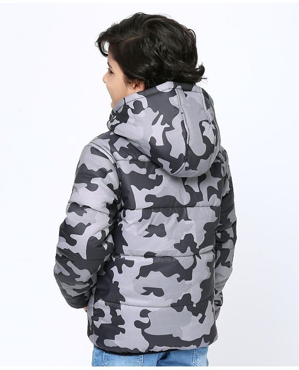 Pine Kids Fulll Sleeves Camouflage Hooded Padded Jacket - Black Grey