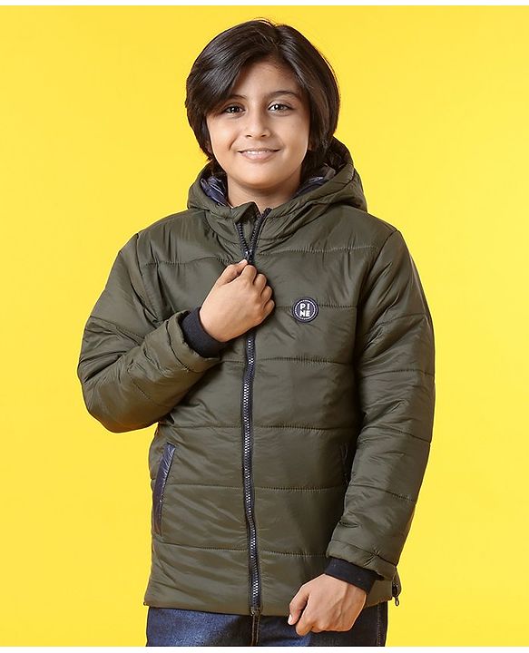 Pine Kids Full Sleeves Hooded Padded Jacket - Olive Green