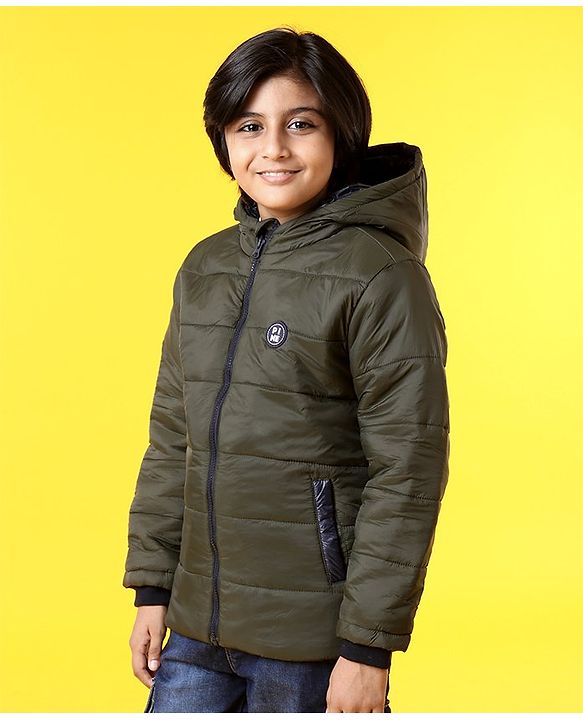 Pine Kids Full Sleeves Hooded Padded Jacket - Olive Green
