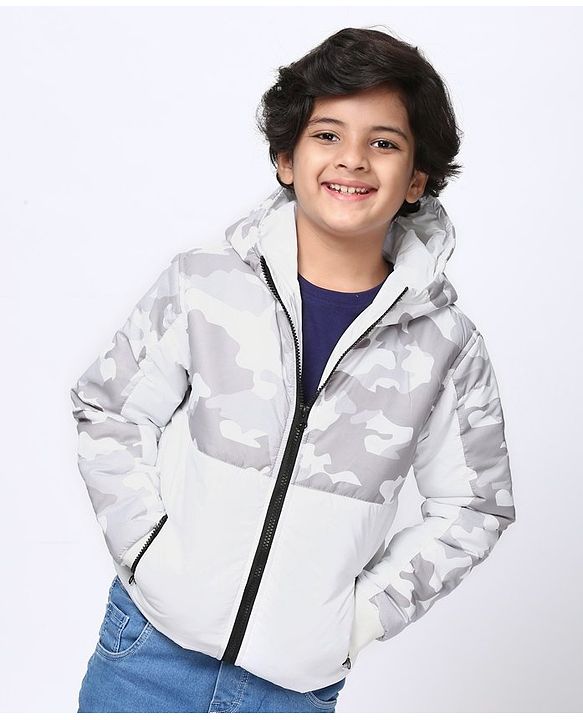 Pine Kids Medium Winter Full Sleeves Camouflage Hooded Padded Jacket - White Grey