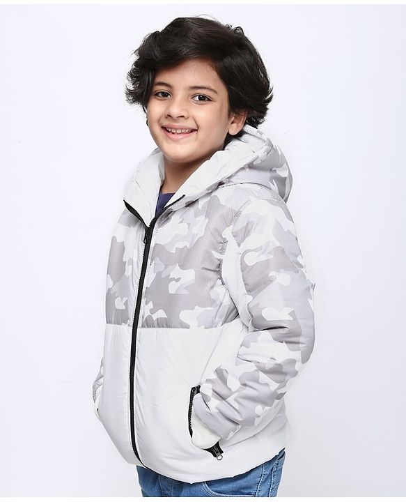 Pine Kids Medium Winter Full Sleeves Camouflage Hooded Padded Jacket - White Grey