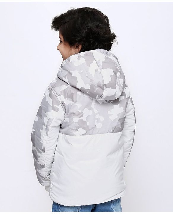 Pine Kids Medium Winter Full Sleeves Camouflage Hooded Padded Jacket - White Grey