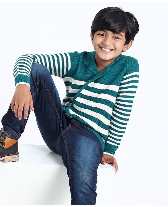 Pine Kids Full Sleeves Front Open Striped Sweater - Green