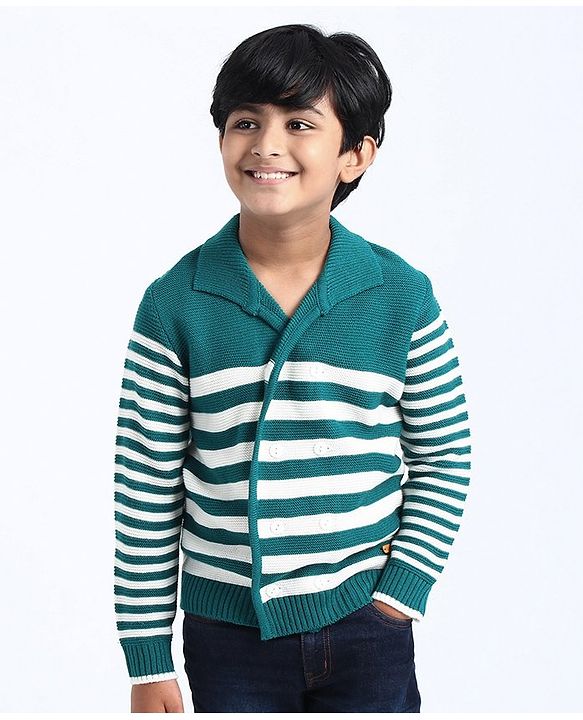 Pine Kids Full Sleeves Front Open Striped Sweater - Green