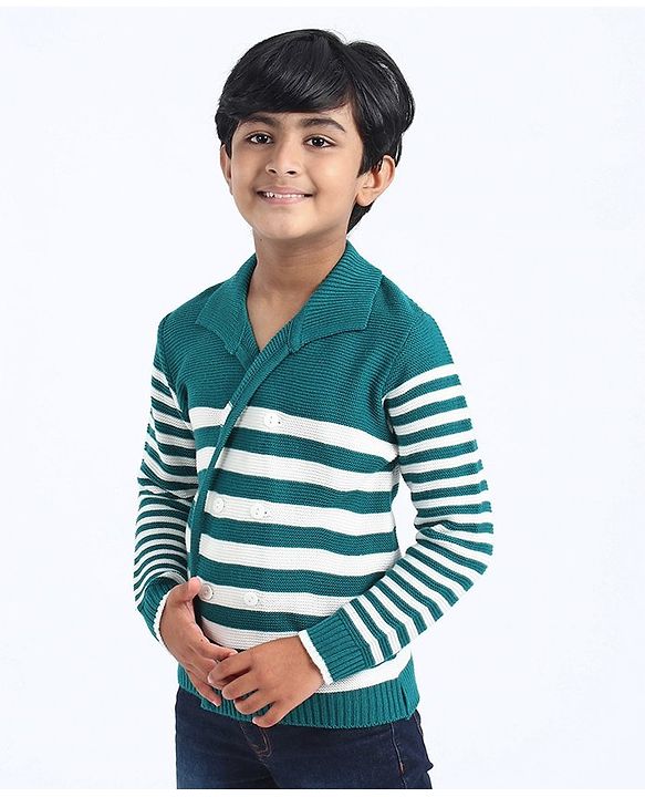 Pine Kids Full Sleeves Front Open Striped Sweater - Green