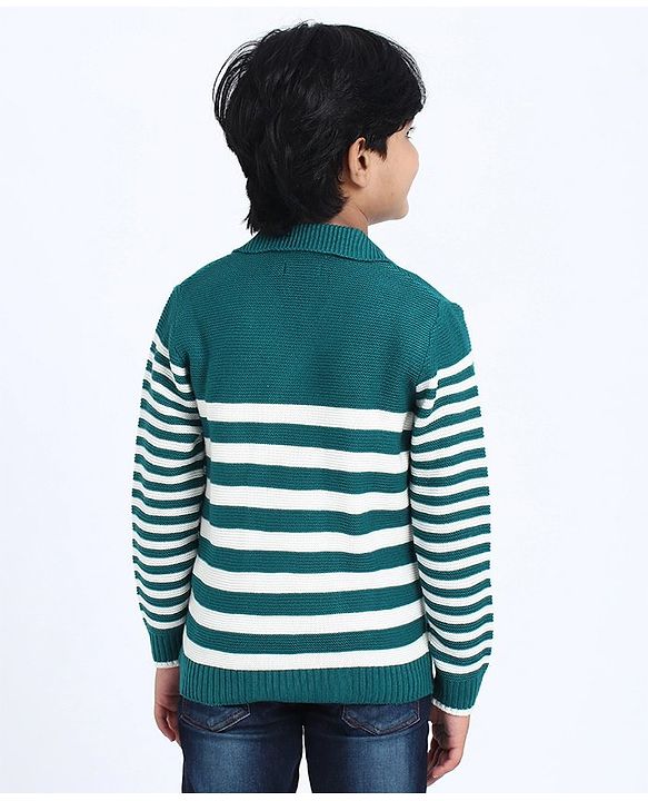 Pine Kids Full Sleeves Front Open Striped Sweater - Green