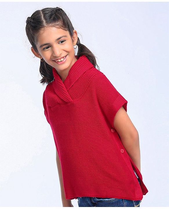 Pine Kids Half Sleeves Shawl Collar Light Winter Sweater - Red