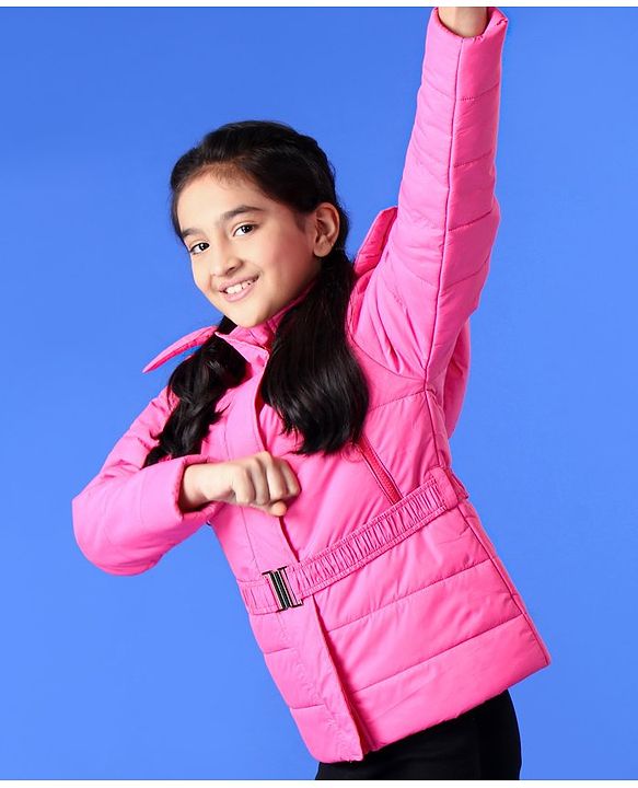 Pine Kids Medium Winter Full Sleeve Hooded Padded Jacket with Belt - Pink