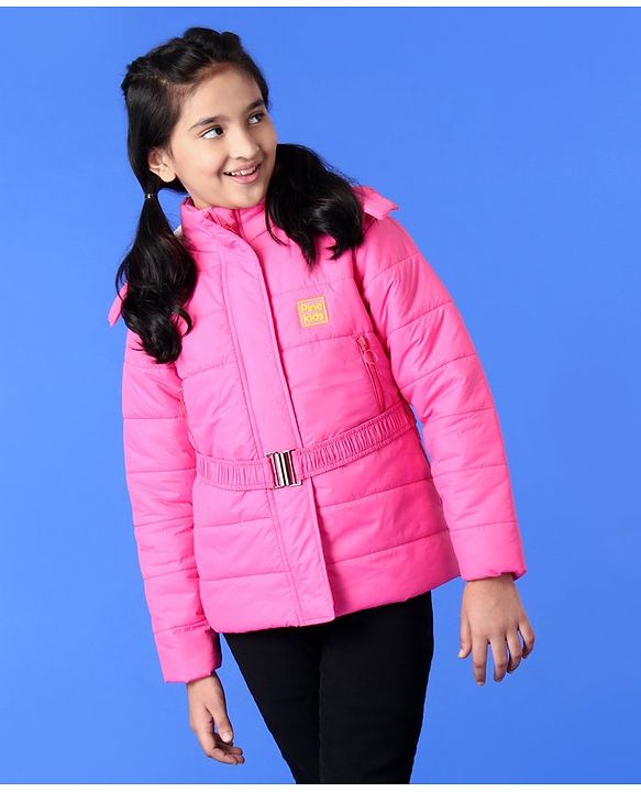 Pine Kids Medium Winter Full Sleeve Hooded Padded Jacket with Belt - Pink