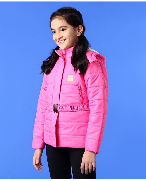 Pine Kids Medium Winter Full Sleeve Hooded Padded Jacket with Belt - Pink
