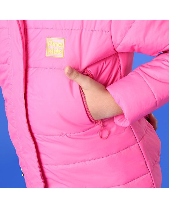 Pine Kids Medium Winter Full Sleeve Hooded Padded Jacket with Belt - Pink