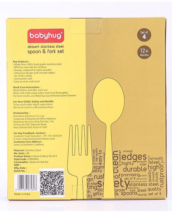Babyhug Stainless Steel Ice Cream Spoon & Fork Set of 4 - Silver