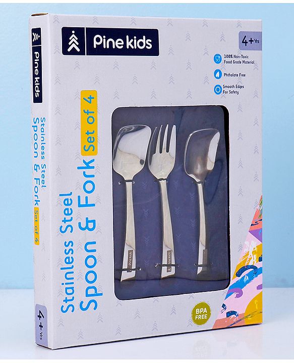 Pine Kids Stainless Steel Spoon & Fork Pack of 4 - Length 15 cm Each