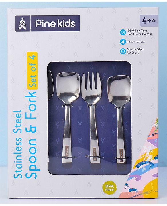 Pine Kids Stainless Steel Spoon & Fork Pack of 4 - Length 15 cm Each
