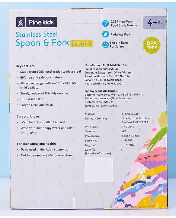 Pine Kids Stainless Steel Spoon & Fork Pack of 4 - Length 15 cm Each