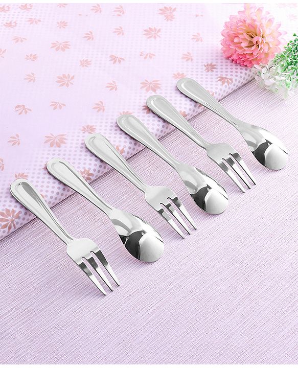 Babyhug Stainless Steel Spoon & Fork Set of 6 - Silver