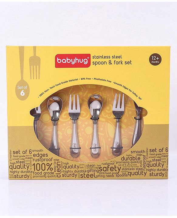 Babyhug Stainless Steel Spoon & Fork Set of 6 - Silver
