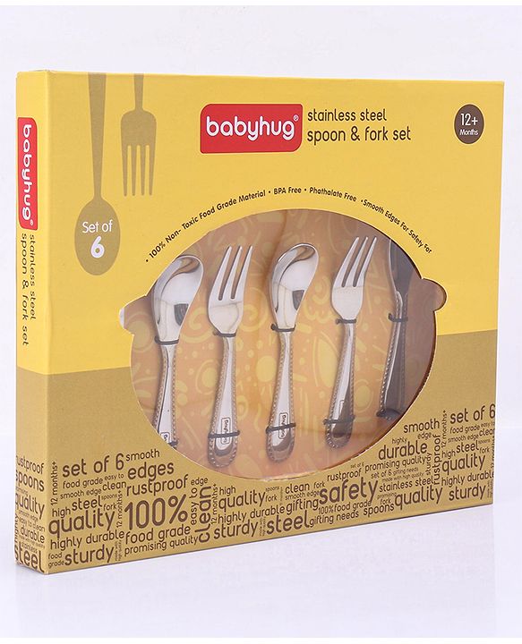 Babyhug Stainless Steel Spoon & Fork Set of 6 - Silver