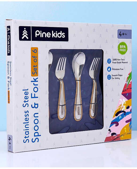 Pine Kids Stainless Steel Spoon & Fork Pack of 6 - Length 16 cm Each