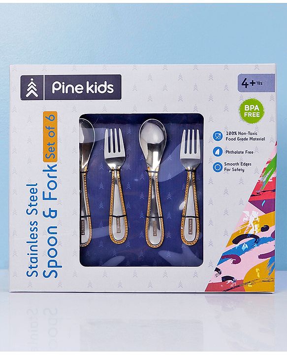 Pine Kids Stainless Steel Spoon & Fork Pack of 6 - Length 16 cm Each