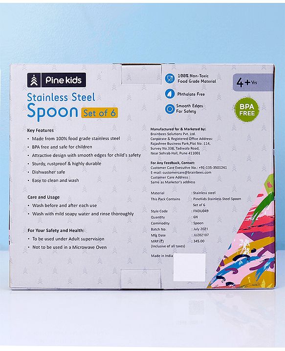 Pine Kids Stainless Steel Spoon Pack of 6 - Length 16 cm Each