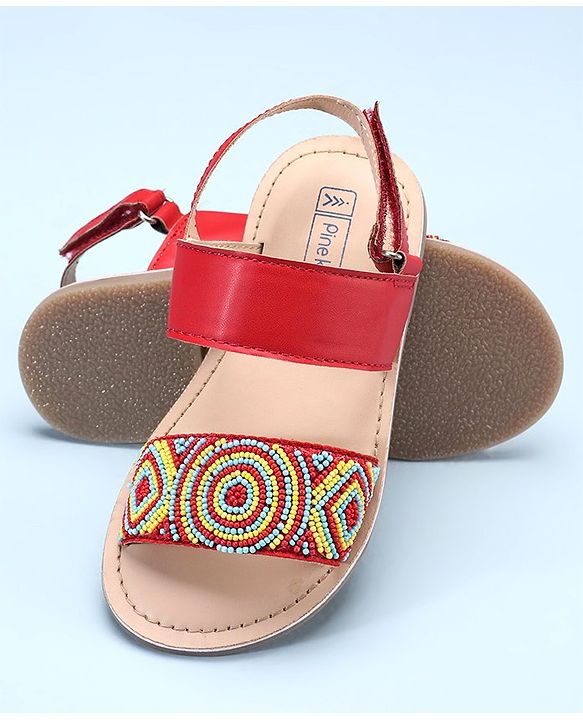 Pine Kids Open Toe Sandals With Rondelle Beads Patch - Red